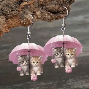 NWT Kittens Under Umbrella - Acrylic Earrings - Hypoallergenic
